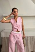 GOFRE ÇİZGİLİ YELEK - PANTOLON TAKIM - Pembe resmi